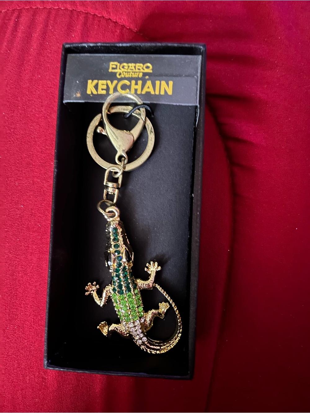 Figaro Couture Green Rhinestone Alligator Keychain Y2K Gold Tone Gator